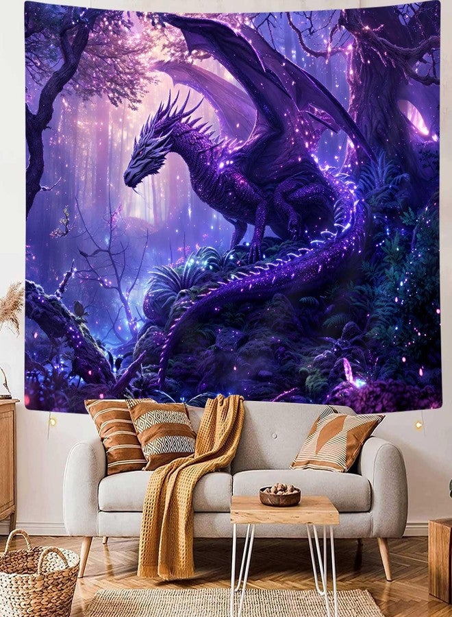 MERCHR Purple Dragon Tapestry Medieval Fantasy Animal Cool Tapestry Wall Hanging for Bedroom Aesthetic, Psychedelic Magic Forest Tree Tapestries for Living Room Dorm Decor 60x40 Inch - Image 1